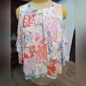 Cato Plus Sz 18/20 NWT Floral Patchwork Cold Shoulder Ruffled Bell Sleeve Blouse